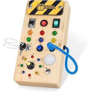 montessori toddler busy board, baby wooden busy board with 8 LED light switches